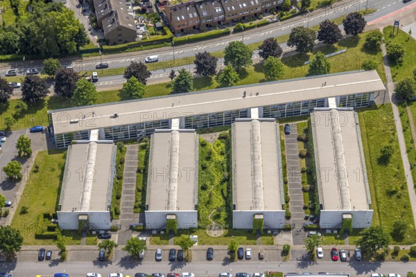 Aerial view, commercial area, Dassault Systems, Robert-Bosch-Sraße, Wirtschaftsförderungsgesellschaft Herne mbH (WFG) and DSBG Sportstättenbetriebs- und Planungsgesellschaft mbH, Baukau, Herne, Ruhr area, North Rhine-Westphalia, Germany, DE, Europe, commercial enterprises, commercial area, commercial property, commercial park, commercial site, commercial use, industrial area, industrial site, aerial photograph, aerial photography, aerial photography, overview, bird's-eye view, bird's-eye view, overview, HernerechtsderA43