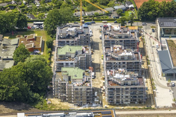 Aerial view, Kaiserquartier Herne, construction site with new construction of a residential complex and housing estate, Baukau, Herne, Ruhr area, North Rhine-Westphalia, Germany, construction work, construction area, building site, building plots, construction project, construction site, DE, Europe, property tax, real estate, aerial view, aerial photography, aerial photography, new building, overview, bird's-eye view, housing estate, housing and living, residential area, quality of living, residential neighbourhood, housing estate, residential area, birds-eyes view, overview, HernerechtsderA43
