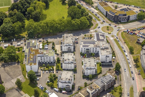 Aerial view, senior citizens' campus Protea Wohnen Am Schloss, roundabout Westring and Forellstraße, Baukau, Herne, Ruhr area, North Rhine-Westphalia, Germany, care and nursing, DE, Europe, aerial view, aerial photography, aerial photography, care facility, senior citizens' home, senior citizens' residence, senior citizens' home, senior citizens' centre, overview, bird's-eye view, overview, HernerechtsderA43