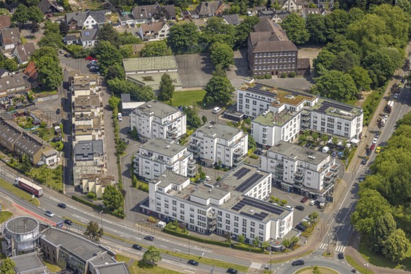 Aerial view, senior citizens' campus Protea Wohnen Am Schloss, roundabout Westring and Forellstraße, Baukau, Herne, Ruhr area, North Rhine-Westphalia, Germany, care and nursing, DE, Europe, aerial view, aerial photography, aerial photography, care facility, senior citizens' home, senior citizens' residence, senior citizens' home, senior citizens' centre, overview, bird's-eye view, overview, HernerechtsderA43