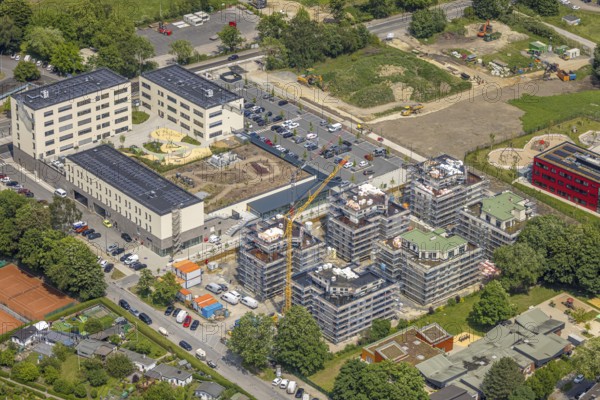Aerial view, Kaiserquartier Herne, shopping centre and construction site with new construction of a residential complex and housing estate, Baukau, Herne, Ruhr area, North Rhine-Westphalia, Germany, construction work, construction area, building site, building plots, construction project, construction site, DE, Europe, property tax, real estate, aerial view, aerial photography, aerial photography, new building, overview, bird's-eye view, housing estate, housing and living, residential area, quality of living, residential neighbourhood, housing estate, residential area, birds-eyes view, overview, HernerechtsderA43