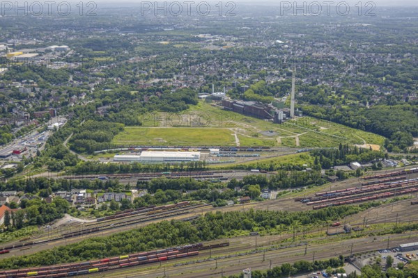 Aerial view, former Uniper power plant Shamrock, open space and construction site, former mine site General Blumenthal, Wanne-Süd, Herne, Ruhr area, North Rhine-Westphalia, Germany, architecture, exterior view, construction work, construction area, building site, building plots, construction measure, construction project, construction site, mine site, DE, energy, development, Europe, distant view, open space, building, site, General Blumenthal, history, industry, industrial history, infrastructure, landscape, aerial view, aerial photography, aerial photography, modernisation, site view, perspective, reconstruction, Shamrock, town, structure, overview, Uniper power plant, bird's-eye view, birds-eyes view, overview, linksderA43, HernelinksderA43