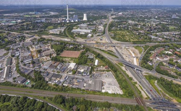 Aerial view, large construction site motorway junction Herne with tunnel construction, motorway A43 and motorway A42, behind the STEAG cogeneration plant Herne, Baukau-West, Herne, Ruhr area, North Rhine-Westphalia, Germany, construction work, construction area, building site, building plots, construction project, construction site, DE, Europe, large construction site, aerial view, aerial photography, aerial photography, overview, bird's-eye view, overview, linksderA43, HernelinksderA43
