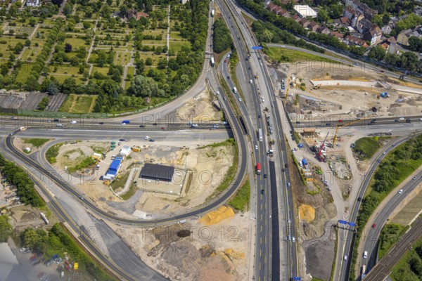 Aerial view, large construction site motorway junction Herne with tunnel construction, motorway A43 and motorway A42, Baukau-West, Herne, Ruhr area, North Rhine-Westphalia, Germany, construction work, construction area, construction site, building site, construction project, construction site, DE, Europe, large construction site, aerial view, aerial photography, aerial photography, overview, bird's-eye view, overview, linksderA43, HernelinksderA43