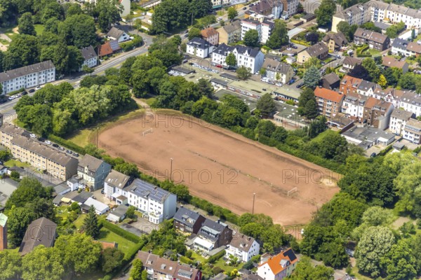 Aerial view, sports field Franzstraße and planned housing construction, Wanne, Herne, Ruhr area, North Rhine-Westphalia, Germany, construction work, construction area, construction site, building plots, construction project, construction site, DE, Europe, football stadium, aerial view, aerial photography, aerial photography, sports field, overview, bird's-eye view, housing construction, birds-eyes view, overview, linksderA43, HernelinksderA43