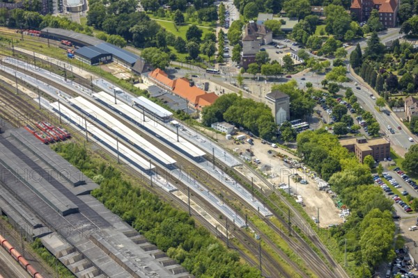 Aerial view, HER Wanne-Eickel Hbf main station, Wanne, Herne, Ruhr area, North Rhine-Westphalia, Germany, railway area, railway station, station building, station forecourt, platform, DE, Deutsche Bahn AG, Europe, track systems, tracks, main station, Hbf, aerial view, aerial photography, aerial photography, overview, bird's-eye view, overview, linksderA43, HernelinksderA43