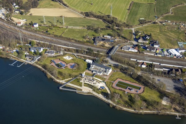 Aerial view, Strandhaus Salitos Beach Hengsteysee Beach Club on the southern shore of Hengstey, outdoor pool, Herdecke, Ruhr area, North Rhine-Westphalia, Germany