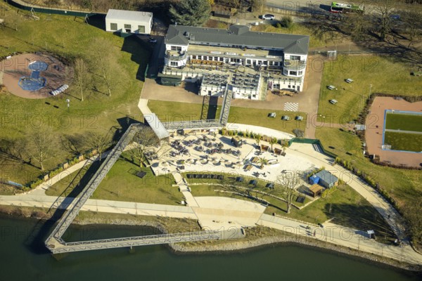 Aerial view, Strandhaus Salitos Beach Hengsteysee Beach Club on the southern shore of Hengstey, Herdecke, Ruhr area, North Rhine-Westphalia, Germany