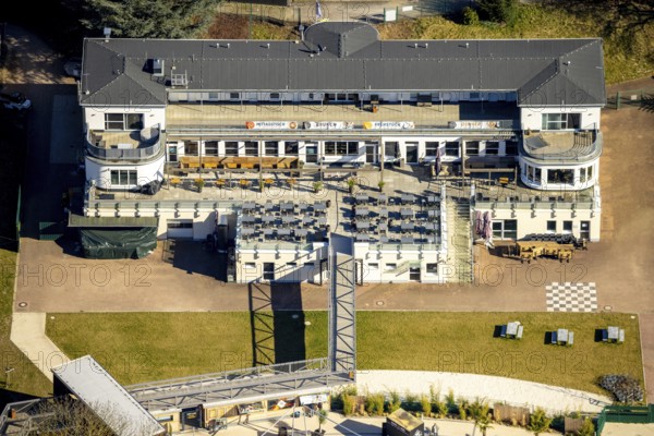 Aerial view, Strandhaus Salitos Beach Hengsteysee Beach Club on the southern shore of Hengstey, Herdecke, Ruhr area, North Rhine-Westphalia, Germany