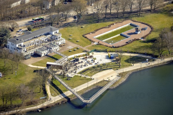 Aerial view, Strandhaus Salitos Beach Hengsteysee Beach Club on the southern shore of Hengstey, outdoor pool, Herdecke, Ruhr area, North Rhine-Westphalia, Germany