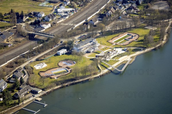 Aerial view, Strandhaus Salitos Beach Hengsteysee Beach Club on the southern shore of Hengstey, outdoor pool, Herdecke, Ruhr area, North Rhine-Westphalia, Germany