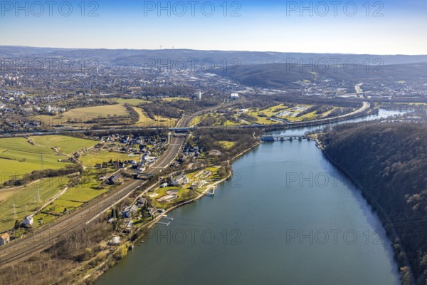 Aerial view, Hengsteysee, railway line and motorway A1 with view to the run-of-river power station Hengstey and HAgen-Boelerheide, beach house Salitos Beach Hengsteysee Beach Club on the southern shore Hengstey, outdoor swimming pool, Herdecke, Ruhr area, North Rhine-Westphalia, Germany