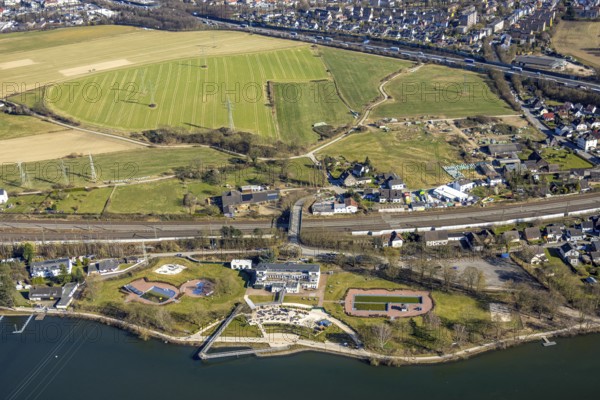 Aerial view, Strandhaus Salitos Beach Hengsteysee Beach Club on the southern shore of Hengstey, outdoor pool, Herdecke, Ruhr area, North Rhine-Westphalia, Germany