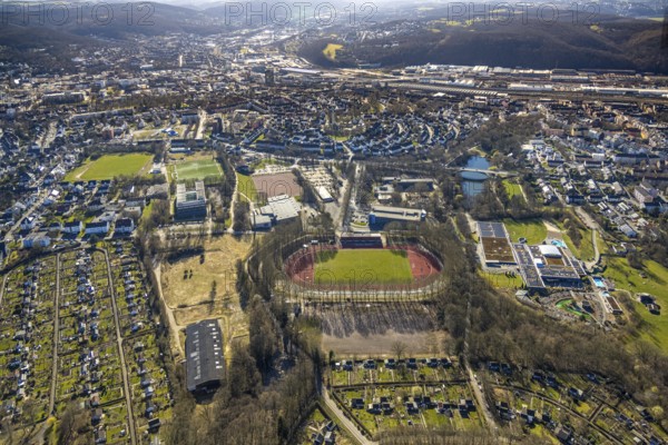 Aerial view, sports facility Ischelandstadion, football stadium, Altenhagen, Hagen, Ruhr area, North Rhine-Westphalia, Germany