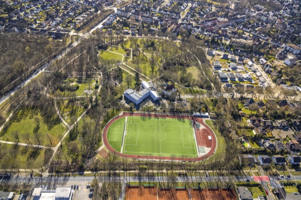 Aerial photo, SEG Herne construction site with new building Schäferstraße Am Stadtgarten, Stadtgarten with ParkHotel, sports field Schäferstraße, Herne-Mitte, Herne, Ruhr area, North Rhine-Westphalia, Germany, construction work, construction area, construction site, building plots, construction project, construction site, DE, Europe, football pitch, football stadium, football club, gastronomy, aerial view, aerial photography, aerial photography, local recreation area, new construction, shell construction, sport, sports facilities, sports field, sports facility, stadium, overview, bird's eye view, birds-eyes view, green lung, overview