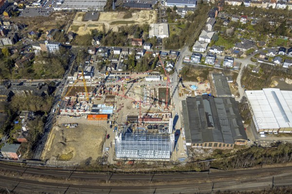 Aerial view, construction site and demolition work for new FunkenbergQuartier between Baumstraße and Fabrikstraße, Baukau, Herne, Ruhr area, North Rhine-Westphalia, Germany, demolition work, workers, architecture, construction work, construction vehicles, Baumstraße, construction site, DE, development, renewal, Europe, Fabrikstraße, progress, Funkenbergquartier, building, site, commercial area, industrial area, infrastructure, construction, construction technology, cranes, landscape, aerial view, aerial photography, aerial photography, machinery, modernisation, new construction, planning, projects, redevelopment, city, streets, structure, urban, technology, overview, urban, change, bird's-eye view, destruction, birds-eyes view, overview
