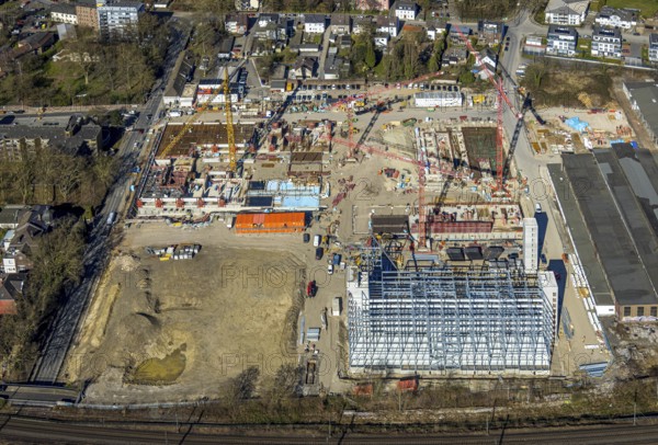 Aerial view, construction site and demolition work for new FunkenbergQuartier between Baumstraße and Fabrikstraße, Baukau, Herne, Ruhr area, North Rhine-Westphalia, Germany, demolition work, workers, architecture, construction work, construction vehicles, Baumstraße, construction site, DE, development, renewal, Europe, Fabrikstraße, progress, Funkenbergquartier, building, site, commercial area, industrial area, infrastructure, construction, construction technology, cranes, landscape, aerial view, aerial photography, aerial photography, machinery, modernisation, new construction, planning, projects, redevelopment, city, streets, structure, urban, technology, overview, urban, change, bird's-eye view, destruction, birds-eyes view, overview