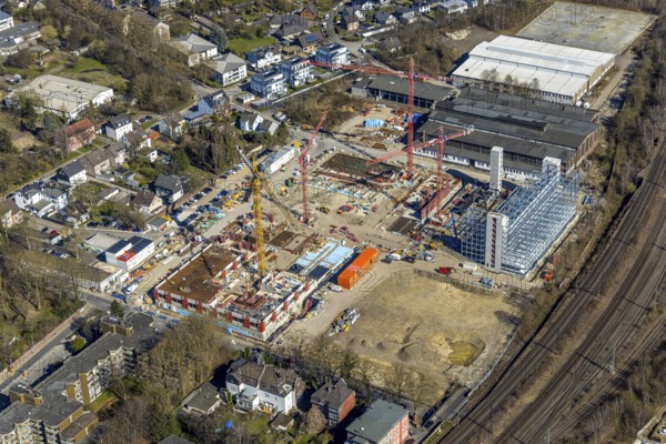Aerial view, construction site and demolition work for new FunkenbergQuartier between Baumstraße and Fabrikstraße, Baukau, Herne, Ruhr area, North Rhine-Westphalia, Germany, demolition work, workers, architecture, construction work, construction vehicles, Baumstraße, construction site, DE, development, renewal, Europe, Fabrikstraße, progress, Funkenbergquartier, building, site, commercial area, industrial area, infrastructure, construction, construction technology, cranes, landscape, aerial view, aerial photography, aerial photography, machinery, modernisation, new construction, planning, projects, redevelopment, city, streets, structure, urban, technology, overview, urban, change, bird's-eye view, destruction, birds-eyes view, overview