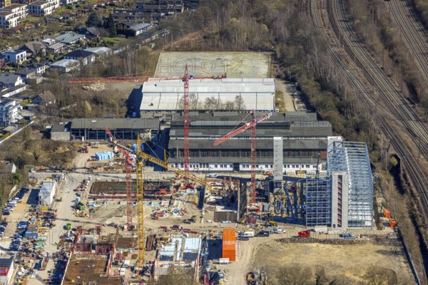 Aerial view, construction site and demolition work for new FunkenbergQuartier between Baumstraße and Fabrikstraße, Baukau, Herne, Ruhr area, North Rhine-Westphalia, Germany, demolition work, workers, architecture, construction work, construction vehicles, Baumstraße, construction site, DE, development, renewal, Europe, Fabrikstraße, progress, Funkenbergquartier, building, site, commercial area, industrial area, infrastructure, construction, construction technology, cranes, landscape, aerial view, aerial photography, aerial photography, machinery, modernisation, new construction, planning, projects, redevelopment, city, streets, structure, urban, technology, overview, urban, change, bird's-eye view, destruction, birds-eyes view, overview