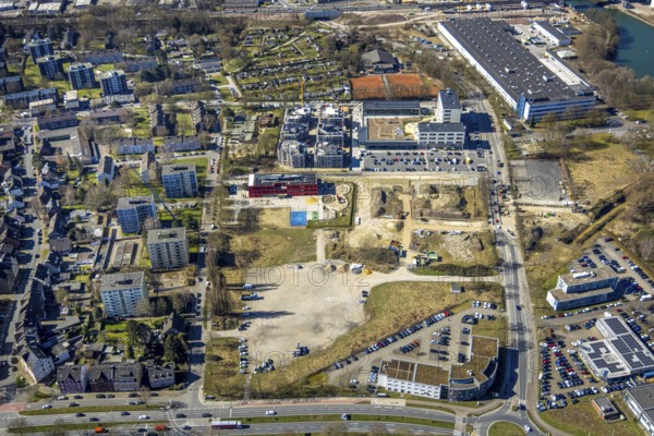 Aerial view, Kaiserquartier Herne, construction site with new construction of a residential complex and housing estate, Lackmanns Hof kindergarten and high-rise housing estate, tennis courts TC Emschertal, Baukau, Herne, Ruhr area, North Rhine-Westphalia, Germany, architecture, construction work, construction site, DE, development, Europe, progress, building, high-rise, infrastructure, Kaiserquartier, kindergarten, day-care centre, complex, construction, Lackmanns Hof, aerial view, aerial photography, aerial photography, new construction, new buildings, perspective, region, settlement, sport, city, urban development, urban planning, tennis, tennis facility, tennis courts, tennis club, overview, urban, bird's-eye view, residential complex, residential building, residential estate, birds-eyes view, modern, overview
