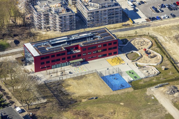Aerial view, Kaiserquartier Herne, construction site with new construction of a residential complex and housing estate, Lackmanns Hof kindergarten and high-rise residential estate, Baukau, Herne, Ruhr area, North Rhine-Westphalia, Germany, architecture, construction work, construction site, DE, development, Europe, progress, building, high-rise building, infrastructure, Kaiserquartier, kindergarten, daycare centre, complex, construction, Lackmanns Hof, aerial view, aerial photography, aerial photography, new construction, new buildings, perspective, region, settlement, sport, city, urban development, urban planning, tennis, tennis facility, tennis courts, tennis club, overview, urban, bird's-eye view, residential complex, residential building, residential estate, birds-eyes view, modern, overview