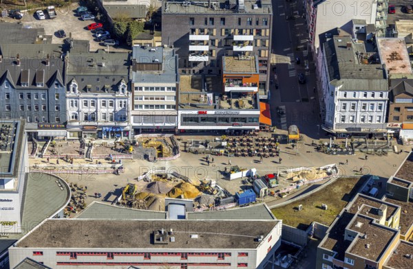 Aerial view, WAZ Medienhaus am Robert-Brauner-Platz, Cafe Extrablatt and construction site, Herne-Mitte, Herne, Ruhr area, North Rhine-Westphalia, Germany, outdoor catering, DE, Europe, aerial view, aerial photography, aerial photography, media house, overview, publishing house, bird's eye view, birds-eyes view, overview