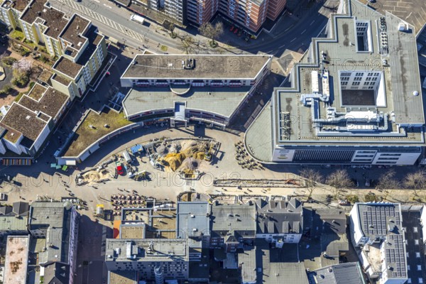 Aerial view, Robert-Brauner-Platz with Stadt Forum Herne, pedestrian zone Bahnhofstraße with construction site, Herne-Mitte, Herne, Ruhr area, North Rhine-Westphalia, Germany, construction work, construction area, building site, building plots, construction project, construction site, DE, shopping street, Europe, aerial view, aerial photography, aerial photography, overview, bird's-eye view, bird's-eye view, overview