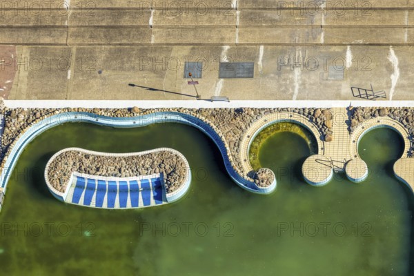 Aerial view, LAGO Die Therme, swimming pool outdoor pool and wellness centre, Börnig, Herne, Ruhr area, North Rhine-Westphalia, Germany, bathing establishment, bathing resort, DE, Europe, outdoor pool, leisure activities, indoor pool, aerial view, aerial photography, aerial photography, swimming pool, swimming pool, overview, bird's-eye view, overview