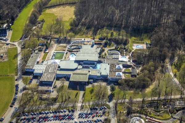 Aerial view, LAGO Die Therme, swimming pool outdoor pool and wellness centre, Börnig, Herne, Ruhr area, North Rhine-Westphalia, Germany, bathing establishment, bathing resort, DE, Europe, outdoor pool, leisure activities, indoor pool, aerial view, aerial photography, aerial photography, swimming pool, swimming pool, overview, bird's-eye view, overview