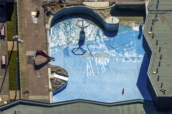 Aerial view, LAGO Die Therme, swimming pool outdoor pool and wellness centre, Börnig, Herne, Ruhr area, North Rhine-Westphalia, Germany, bathing establishment, bathing resort, DE, Europe, outdoor pool, leisure activities, indoor pool, aerial view, aerial photography, aerial photography, swimming pool, swimming pool, overview, bird's-eye view, overview