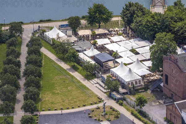 Aerial view, Steinmeister's beer garden - Oskar am Kanal im Kulturpark Unser Fritz, area former colliery Unser Fritz, artist colliery Unser Fritz 2/3, shaft 3, Unser Fritz, Herne, Ruhr area, North Rhine-Westphalia, Germany, DE, Europe, aerial view, aerial photography, aerial photography, overview, bird's-eye view, overview, linksderA43, HernelinksderA43