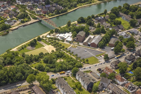 Aerial view, cultural park Unser Fritz, area former colliery Unser Fritz, artist colliery Unser Fritz 2/3, shaft 3, Steinmeister's beer garden - Oskar am Kanal, parrot bridge, Unser Fritz, Herne, Ruhr area, North Rhine-Westphalia, Germany, DE, Europe, aerial view, aerial photography, aerial photography, overview, bird's-eye view, overview, linksderA43, HernelinksderA43