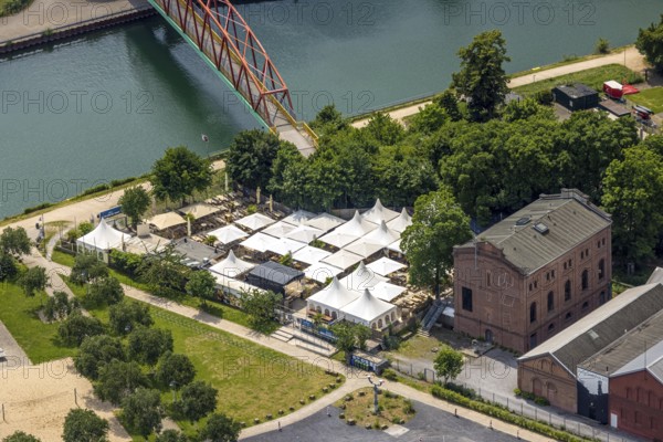 Aerial view, Steinmeister's beer garden - Oskar am Kanal, area former colliery Unser Fritz, artist colliery Unser Fritz 2/3, shaft 3, Unser Fritz, Herne, Ruhr area, North Rhine-Westphalia, Germany, DE, Europe, aerial view, aerial photography, aerial photography, overview, birds-eyes view, overview, linksderA43, HernelinksderA43