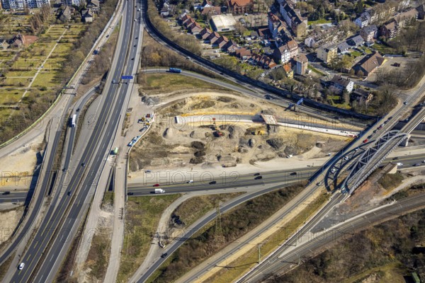 Aerial view, construction site motorway junction Herne, motorway A43 and motorway A42, Baukau-West, Herne, Ruhr area, North Rhine-Westphalia, Germany, motorway, motorway junction, construction work, construction area, construction site, building site, construction project, construction site, DE, Europe, aerial view, aerial photography, aerial photography, road tunnel, road traffic, overview, connecting tunnel, bird's-eye view, overview