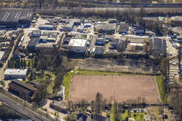 Aerial view, commercial area Am Großmarkt with sports field, Baukau-West, Herne, Ruhr area, North Rhine-Westphalia, Germany, DE, Europe, commercial enterprises, commercial area, commercial area, commercial property, commercial site, commercial use, industrial area, industrial site, aerial view, aerial photography, aerial photography, sports, overview, bird's-eye view, overview