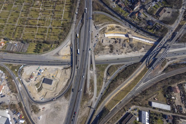 Aerial view, construction site motorway junction Herne, motorway A43 and motorway A42, Baukau-West, Herne, Ruhr area, North Rhine-Westphalia, Germany, motorway, motorway junction, construction work, construction area, construction site, building site, construction project, construction site, DE, Europe, aerial view, aerial photography, aerial photography, road tunnel, road traffic, overview, connecting tunnel, bird's-eye view, overview