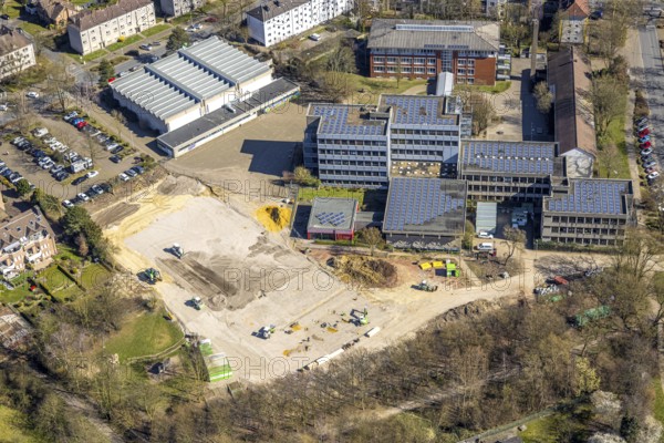 Aerial view, Mont-Cenis comprehensive school with solar roof, construction site, Sodingen, Herne, Ruhr area, North Rhine-Westphalia, Germany, construction work, construction area, building site, building plots, construction project, education, educational institution, DE, Europe, comprehensive school, teaching institute, aerial view, aerial photography, aerial photography, new building, school, overview, bird's-eye view, bird's-eye view, overview