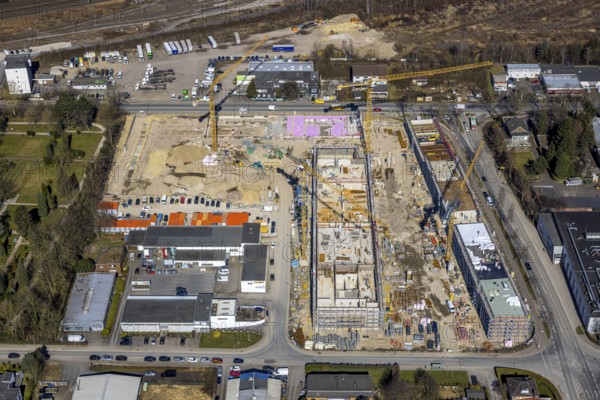 Aerial view, construction site in the industrial estate Am Trimbuschhof, Sodingen, Herne, Ruhr area, North Rhine-Westphalia, Germany, Am Trimbuschhof, arrangement, architecture, construction work, construction cranes, construction site, business area, DE, drone photography, development, Europe, progress, building, terrain, commercial buildings, industrial estate, industrial area, infrastructure, construction, land development, aerial photography, aerial photography, aerial photography, machinery, perspective, regions, summer, city view, urban development, urban planning, daylight, technology, overview, urban, bird's-eye view, economy, birds-eyes view, modern, overview