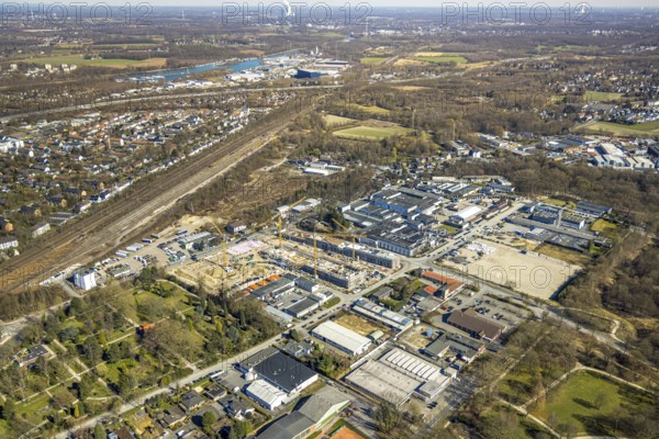 Aerial view, construction site in the industrial estate Am Trimbuschhof, Sodingen, Herne, Ruhr area, North Rhine-Westphalia, Germany, Am Trimbuschhof, arrangement, architecture, construction work, construction cranes, construction site, business area, DE, drone photography, development, Europe, progress, building, terrain, commercial buildings, industrial estate, industrial area, infrastructure, construction, land development, aerial photography, aerial photography, aerial photography, machinery, perspective, regions, summer, city view, urban development, urban planning, daylight, technology, overview, urban, bird's-eye view, economy, birds-eyes view, modern, overview