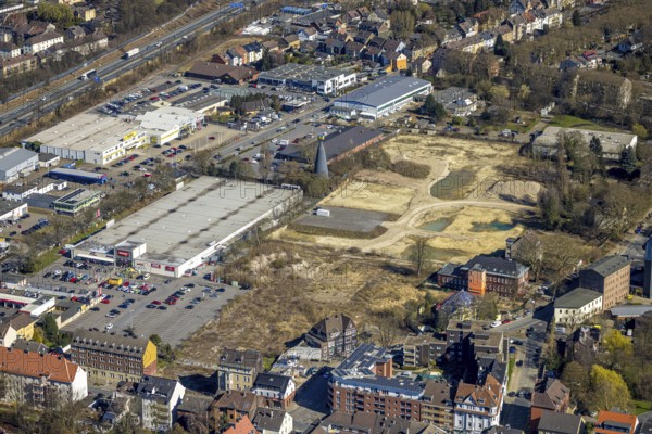 Aerial view, industrial estate Roonstraße with fallow land site of the former screw factory Knipping Dorn, Baukau, Herne, Ruhr area, North Rhine-Westphalia, Germany, construction work, construction area, building site, building plots, construction project, construction site, DE, Europe, aerial view, aerial photography, aerial photography, new building, overview, bird's-eye view, overview