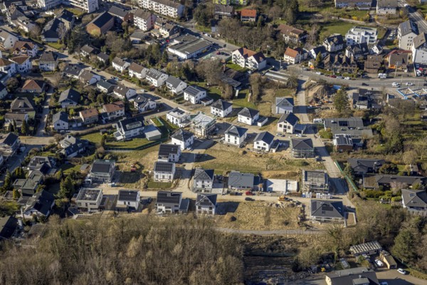 Aerial view, residential area construction site with new single-family houses Auf der Gehre, Emst, Hagen, Ruhr area, North Rhine-Westphalia, Germany