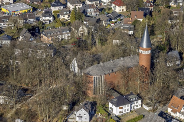 Aerial view, Catholic Church of the Holy Spirit with round tower, Emst, Hagen, Ruhr area, North Rhine-Westphalia, Germany