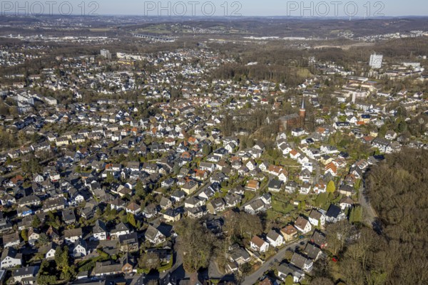 Aerial view, residential area, view of Emst district and Heilig-Geist-Kirche catholic church with round tower, Emst, Hagen, Ruhr area, North Rhine-Westphalia, Germany