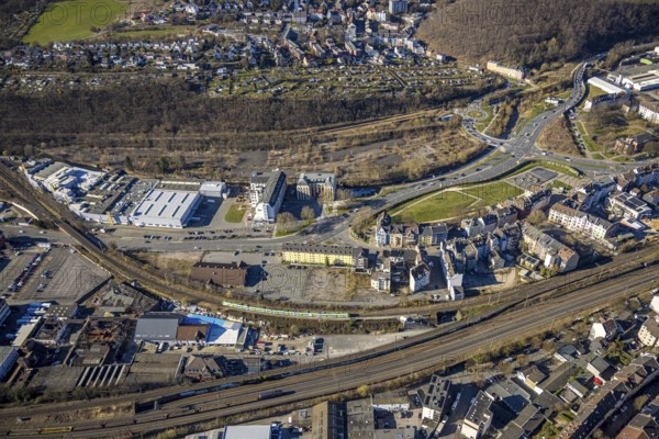 Aerial view, railway station rear view, park and green area Bohne and Varta Island, residential area Wehringhausen, Hagen, Ruhr area, North Rhine-Westphalia, Germany