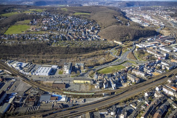 Aerial view, railway station rear view, park and green area Bohne, Varta Island and rear district Kuhlerkamp, residential area Wehringhausen, Hagen, Ruhr area, North Rhine-Westphalia, Germany