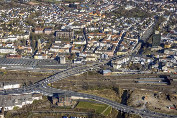 Aerial view, city centre and elevated road federal road B54 Eckeseyer Straße over railway tracks, high-rise employment office, on the left St.-Josefs-Hospital hospital and secondary school Altenhagen, Altenhagen, Hagen, Ruhr area, North Rhine-Westphalia, Germany