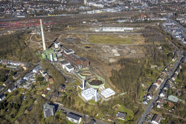 Aerial view, former Uniper power plant Shamrock, open space and construction site, former mine site General Blumenthal, Wanne-Süd, Herne, Ruhr area, North Rhine-Westphalia, Germany, architecture, exterior view, construction work, construction site, mine site, DE, energy, development, Europe, distant view, open space, building, site, General Blumenthal, history, industry, industrial history, infrastructure, landscape, aerial view, aerial photography, aerial photography, modernisation, site view, perspective, reconstruction, Shamrock, city, structure, overview, Uniper power plant, bird's eye view, birds-eyes view, overview, overview