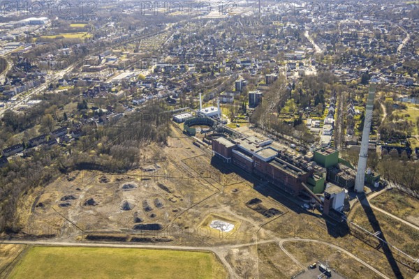 Aerial view, former Uniper power plant Shamrock, open space and construction site, former mine site General Blumenthal, Wanne-Süd, Herne, Ruhr area, North Rhine-Westphalia, Germany, architecture, exterior view, construction work, construction site, mine site, DE, energy, development, Europe, distant view, open space, building, site, General Blumenthal, history, industry, industrial history, infrastructure, landscape, aerial view, aerial photography, aerial photography, modernisation, site view, perspective, reconstruction, Shamrock, city, structure, overview, Uniper power plant, bird's eye view, birds-eyes view, overview, overview