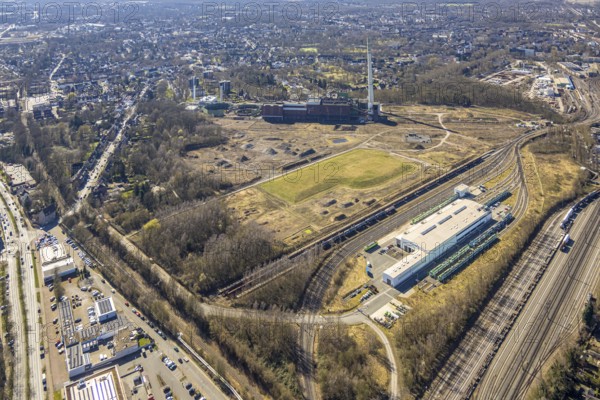 Aerial view, former Uniper power plant Shamrock, open space and construction site, former mine site General Blumenthal, Wanne-Süd, Herne, Ruhr area, North Rhine-Westphalia, Germany, architecture, exterior view, construction work, construction site, mine site, DE, energy, development, Europe, distant view, open space, building, site, General Blumenthal, history, industry, industrial history, infrastructure, landscape, aerial view, aerial photography, aerial photography, modernisation, site view, perspective, reconstruction, Shamrock, city, structure, overview, Uniper power plant, bird's eye view, birds-eyes view, overview, overview