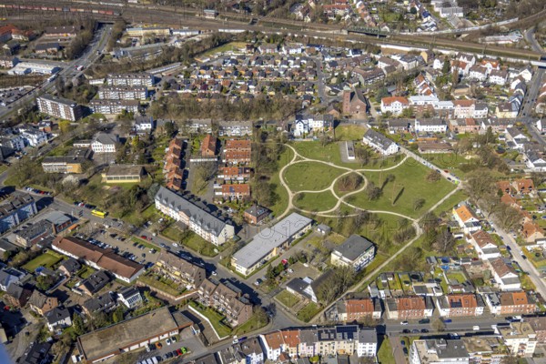 Aerial view, Quartierpark Klosterstraße, ktah. Church of the Holy Family and Holsterhausen, Herne, Ruhr area, North Rhine-Westphalia, Germany, DE, Europe, aerial view, aerial photography, aerial photography, local recreation area, park, overview, bird's eye view, birds-eyes view, green lung, overview